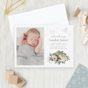 Sweet Newborn Deer Blue Green Baby Boy Photo Birth Announcement