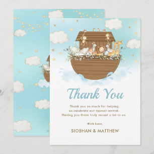 Sweet Noah's Ark Blue Boy Baby Shower Sprinkle Thank You Card