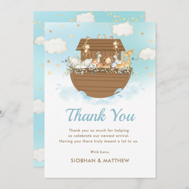 Sweet Noah's Ark Blue Boy Baby Shower Sprinkle Thank You Card (Front/Back)