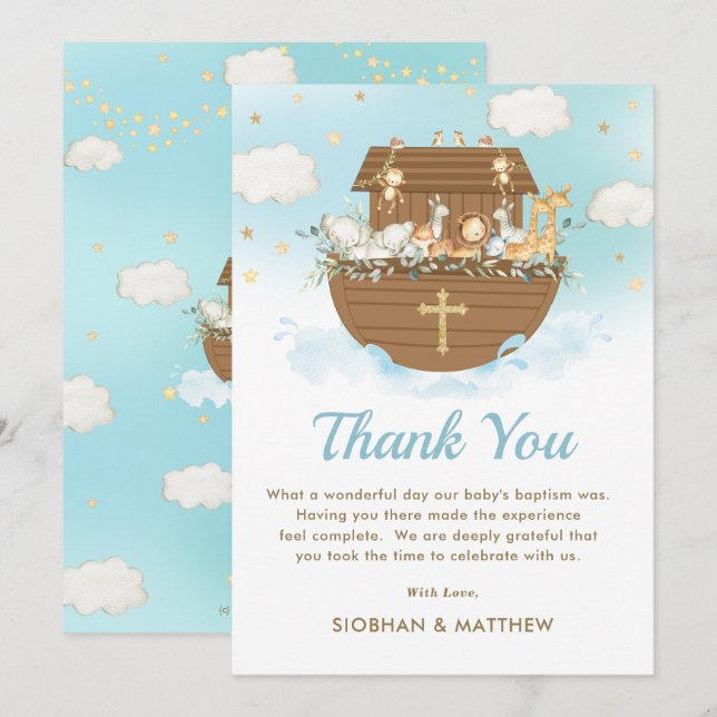 Sweet Noah's Ark Blue Boy Baptism Christening  Thank You Card (Front/Back)