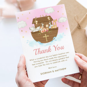 Sweet Noah's Ark Pink Girl Baptism Christening Thank You Card