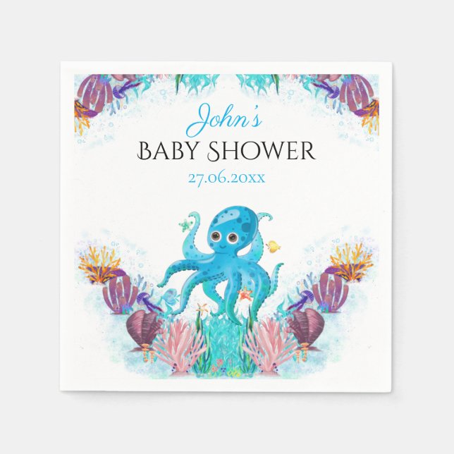 Sweet Ocean Octopus Seashells Baby Shower Napkins (Front)