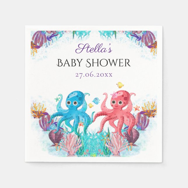 Sweet Ocean Twins Octopus Seashells Baby Shower Napkin (Front)