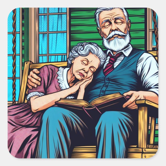 Sweet Old Couple Napping on the Front Porch Square Sticker (Front)