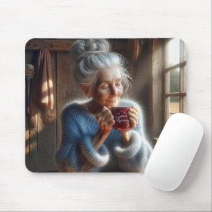 Sweet Old Lady With Morning Coffee Mouse Mat