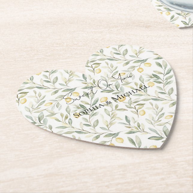 Sweet On You Lemons Wedding Paper Coaster (Angled)