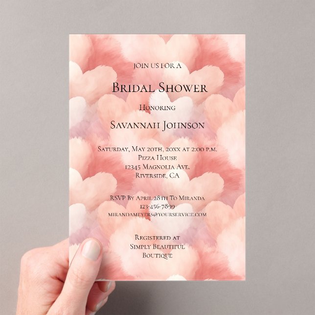 Sweet On You Pink Peach Hearts Bridal Shower Acrylic Invitations (Insitu (Handheld))