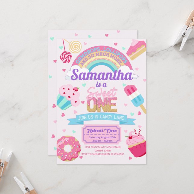 Sweet One 1st Birthday Candy Land Party Invitation (Front/Back In Situ)