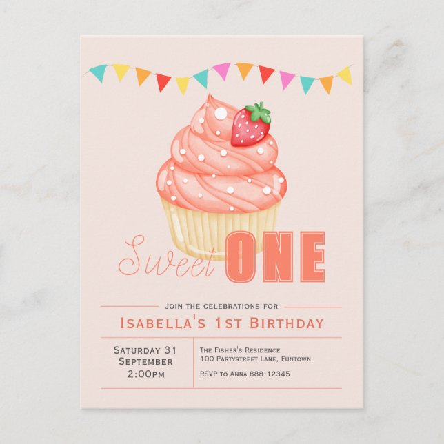 Sweet ONE 1st birthday girl Invitation Postcard (Front)
