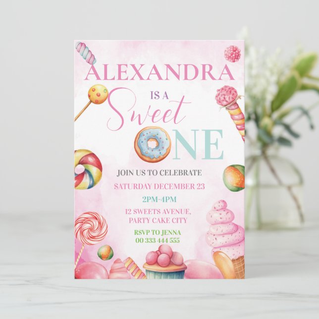 Sweet One 1st Birthday Invitation for Girls Candy  (Standing Front)