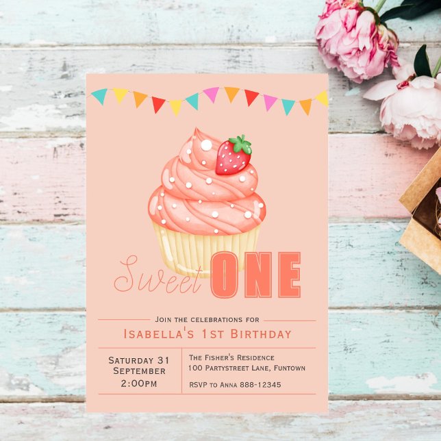 Sweet ONE, 1st birthday party cupcake invitation (Creator Uploaded)