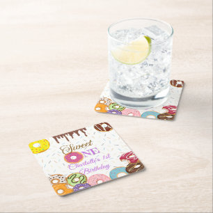 Sweet One 1st Birthday Party Customisable Square Paper Coaster