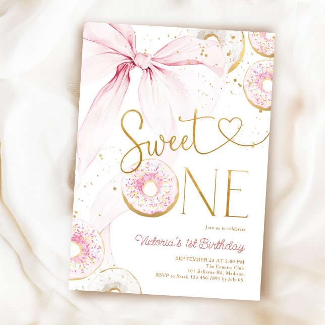 Sweet One 1st Birthday Pink Bow Doughnuts Invitation (Creator Uploaded)