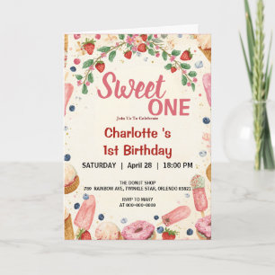 Sweet One 1st Birthday Strawberry Doughnut Ice Cre Invitation
