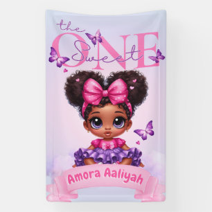 Sweet ONE Afro Puff Baby Girl Purple 1st Birthday  Banner