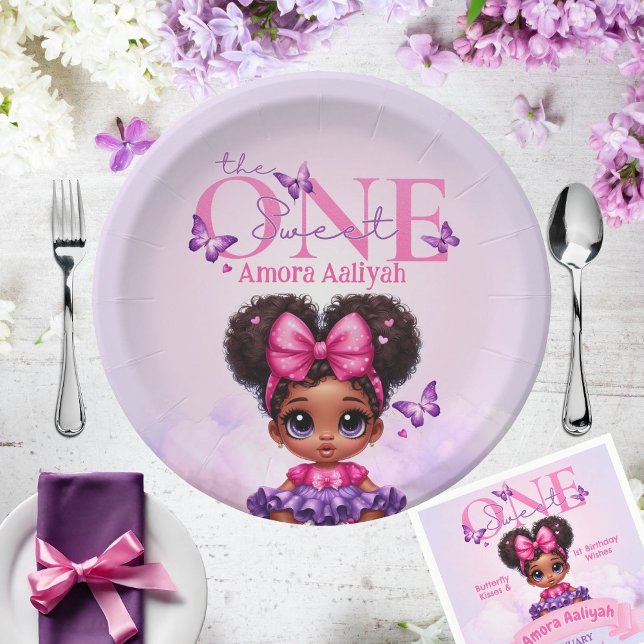 Sweet ONE Afro Puff Baby Girl Purple 1st Birthday  Paper Plate (The Sweet ONE Pink & Purple Plate & Napkin)