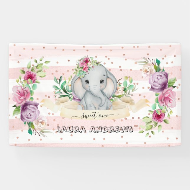 Sweet One Baby Elephant and Flowers 1st Birthday Banner (Horizontal)