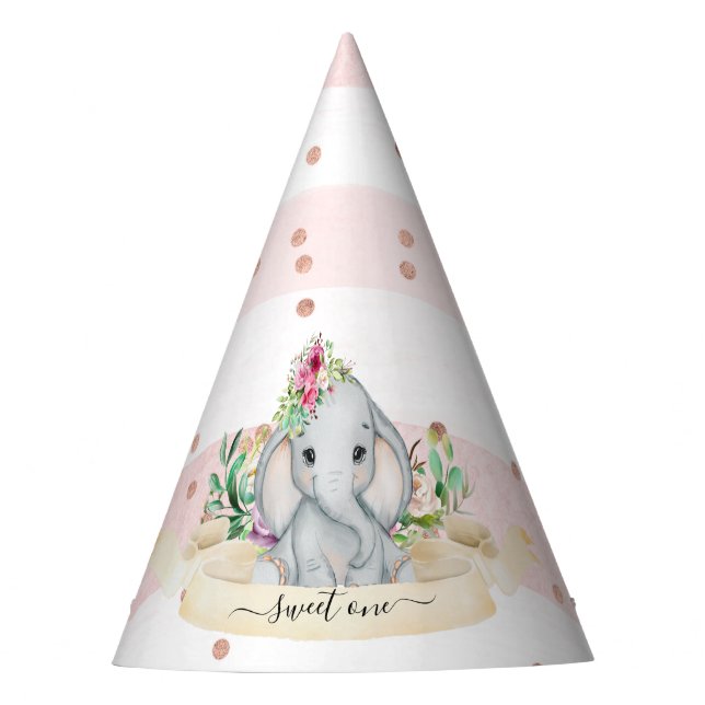 Sweet One Baby Elephant Flowers Girl 1st Birthday Party Hat (Front)