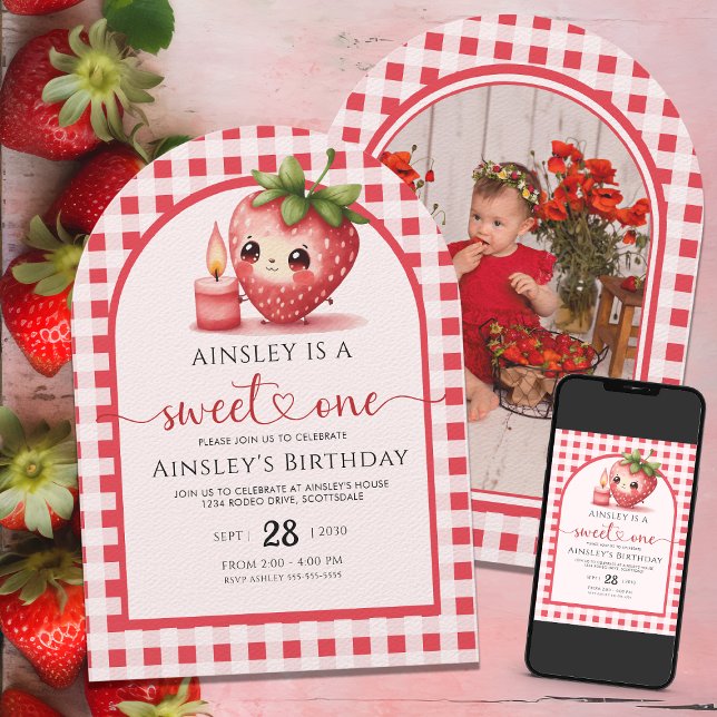 Sweet One Berry First Birthday Personalised Photo Invitation (Creator Uploaded)