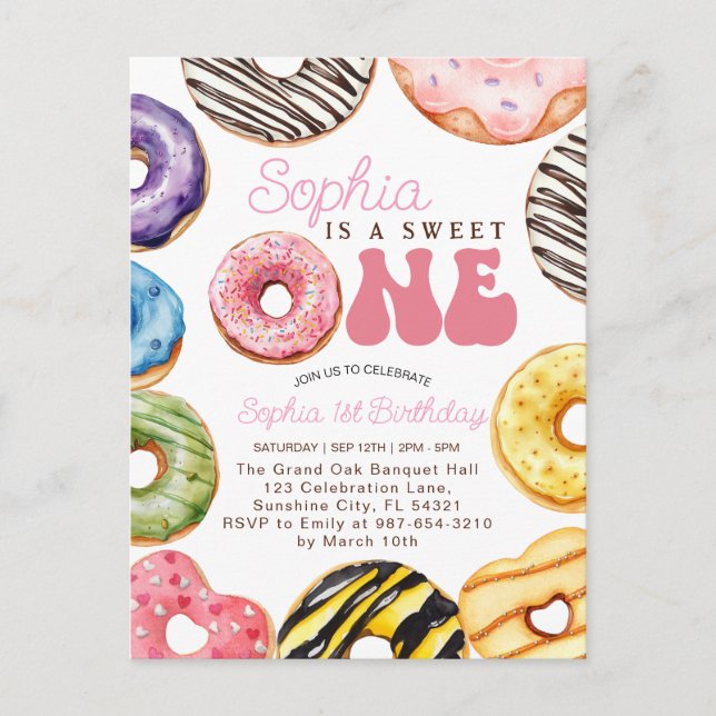 Sweet One Birthday Invitation, 1st Birthday Girl  Postcard (Front)
