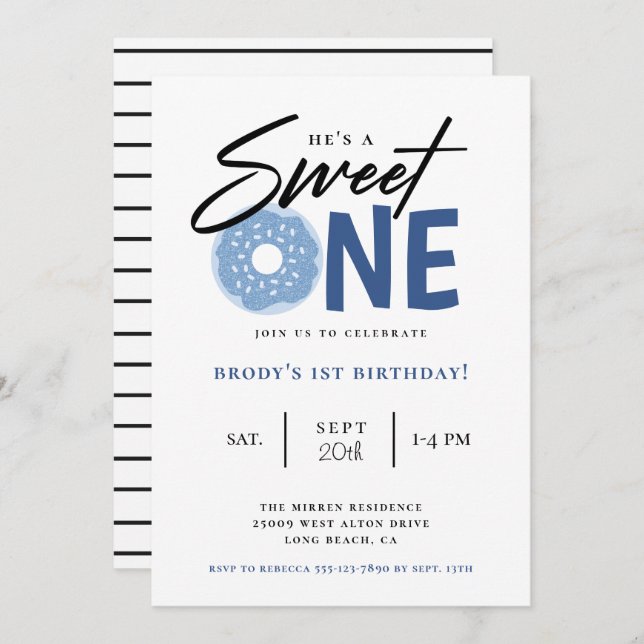 Sweet One Blue Doughnut 1st Birthday Party Invitation (Front/Back)