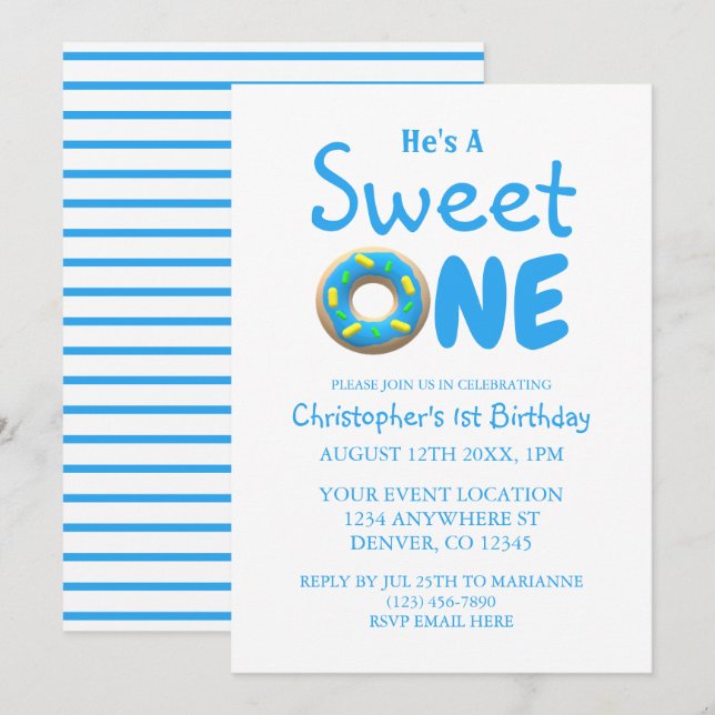 Sweet One Blue Doughnut Boy 1st Birthday Invitation (Front/Back)