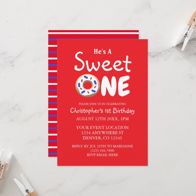 Sweet One Blue Doughnut Boy 1st Birthday Invitation (Front/Back In Situ)
