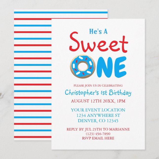 Sweet One Blue Doughnut Boy 1st Birthday Invitation (Front/Back)