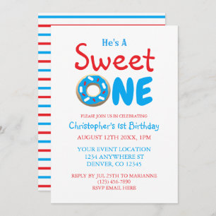 Sweet One Blue Doughnut Boy 1st Birthday Invitation