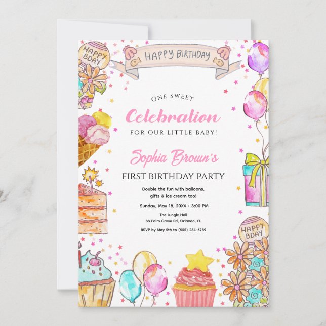 Sweet One Cake, Balloon Theme Girl 1st Birthday  Invitation (Front)
