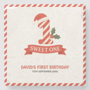 Sweet One Christmas First Birthday Invitation Stone Coaster