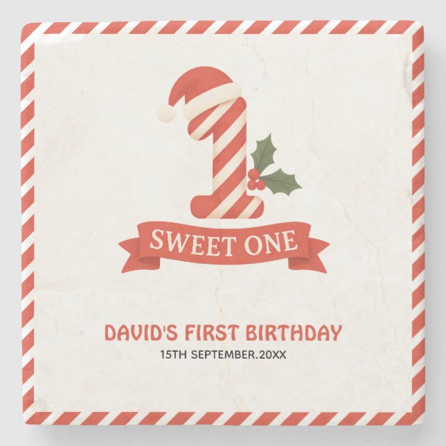 Sweet One Christmas First Birthday Invitation Stone Coaster (Front)