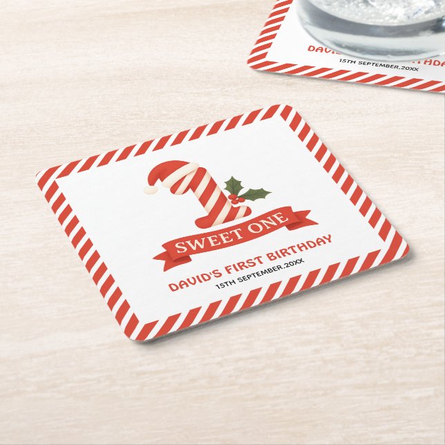 Sweet One Christmas First Birthday  Square Paper Coaster (Angled)