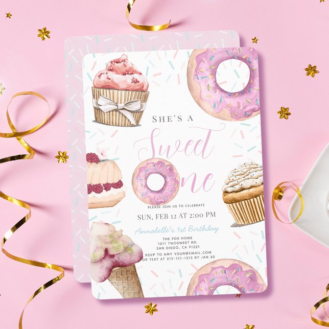 Sweet One Cupcake & Doughnuts Girl 1st Birthday Invitation (Creator Uploaded)