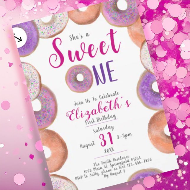 Sweet One Cute Doughnut Pink Girl 1st Birthday Par Invitation (Creator Uploaded)