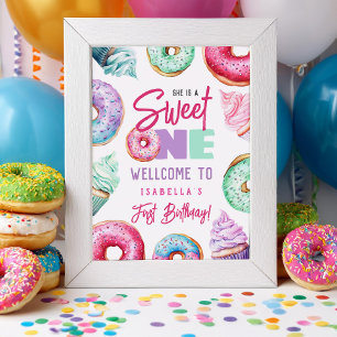 Sweet One Cute Doughnuts Girl 1st Birthday Welcome Poster