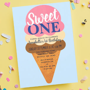 Sweet One Cute Ice Cream Kids 1st Birthday Invitation