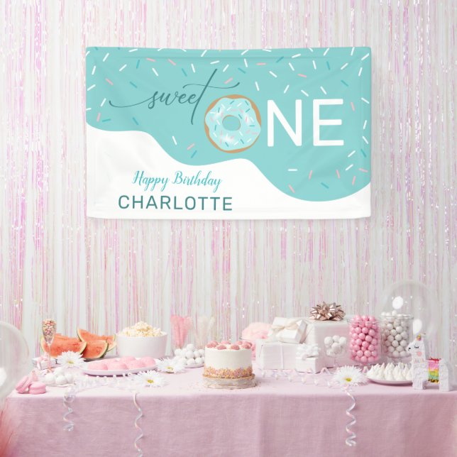 Sweet One Cute Teal Girl's 1st Birthday Banner (Party)
