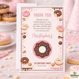 Sweet One Donut 1st Birthday Party   Cute Donut Thank You Card