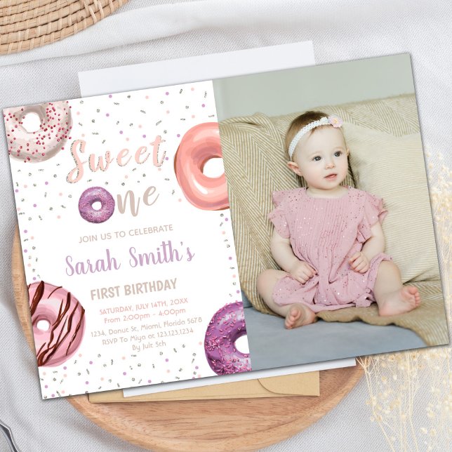 Sweet One Donut Birthday Invitations with photo (Sweet One Donut Birthday Invitations with photo)