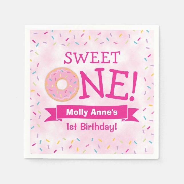 Sweet ONE Doughnut 1st Birthday Girl Pink Napkin (Front)