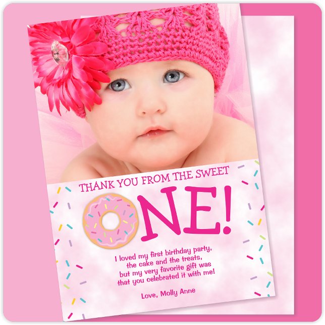 Sweet ONE Doughnut 1st Birthday Girl Thank You Car Card (Creator Uploaded)