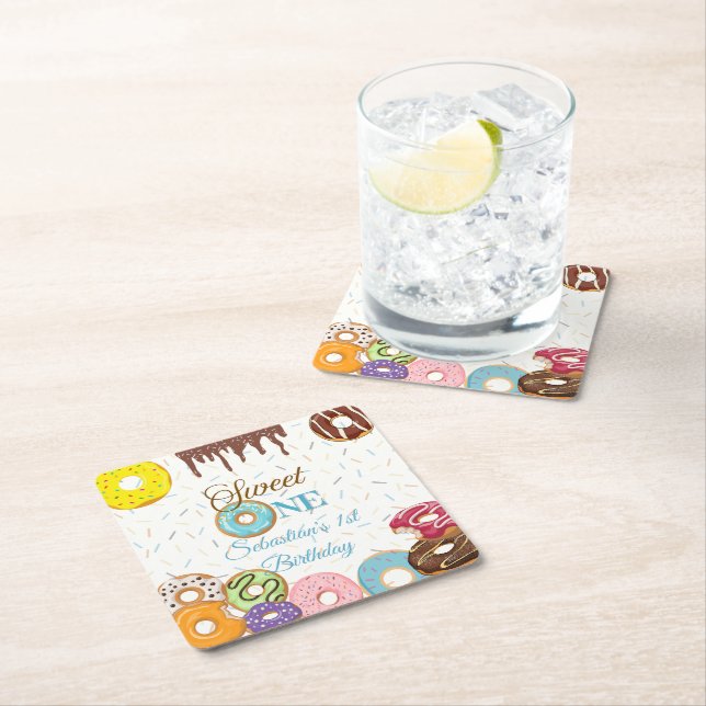 Sweet One Doughnut Birthday | 1st Birthday Party Square Paper Coaster (Insitu)