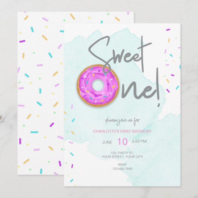 Sweet ONE doughnut birthday Invitation (Front/Back)