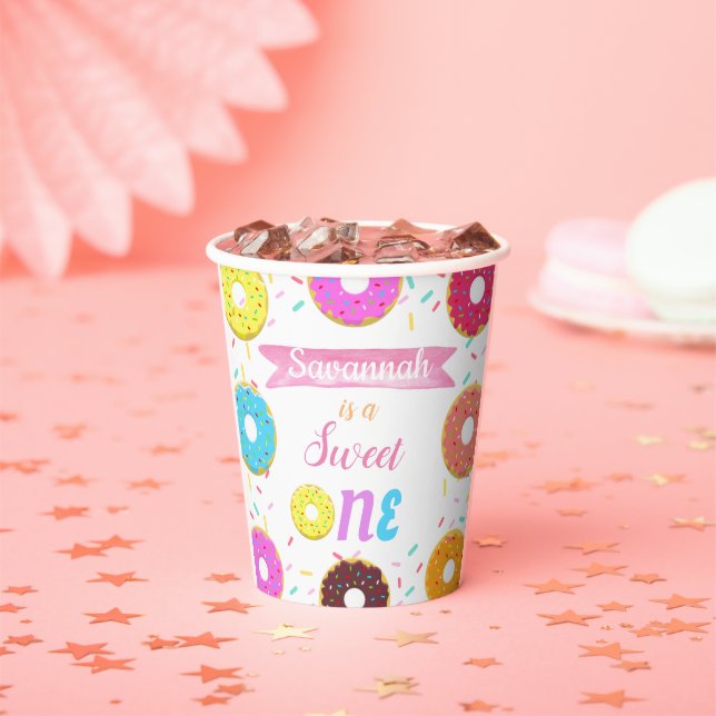 Sweet One Doughnut Birthday Invitation Paper Plate Paper Cups (Insitu)