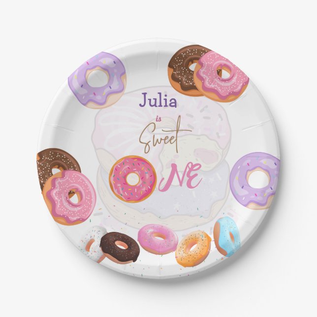 Sweet one Doughnut  birthday pink  Paper Plate (Front)