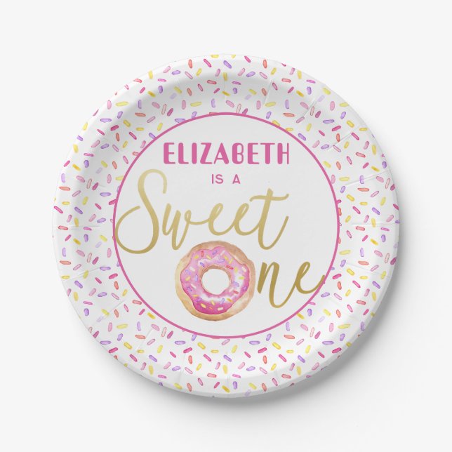 Sweet One Doughnut Birthday Pink Sprinkles Paper Plate (Front)
