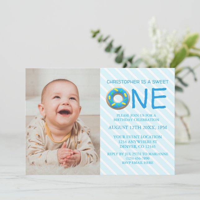Sweet One Doughnut Boy 1st Birthday Photo Invitation (Standing Front)