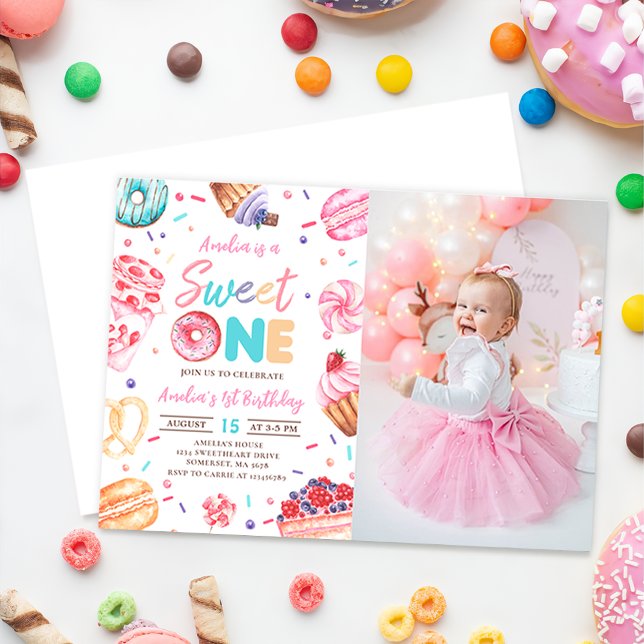 Sweet One Doughnut Candy 1st Birthday Photo Invitation (Creator Uploaded)
