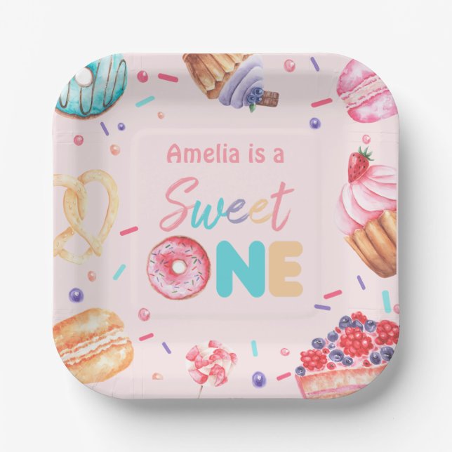 Sweet One Doughnut Candy Birthday Paper Plates (Front)
